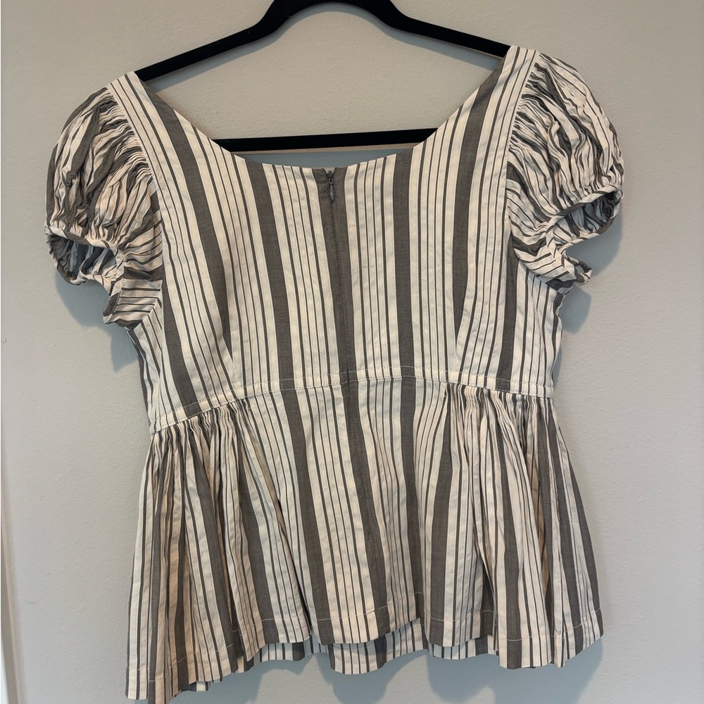 Rebecca Taylor Gray and White Striped Puff Sleeve Blouse - Picture 2 of 4